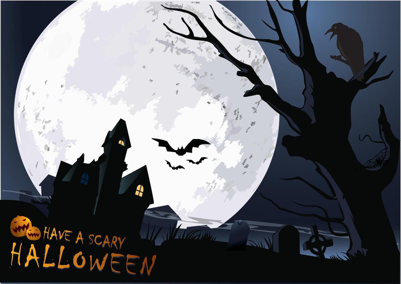 a poster with a halloween scene with a house on the front and a full moon behind it. vector