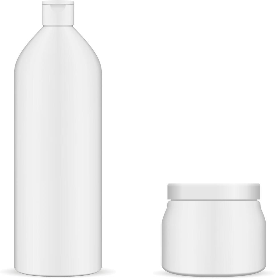 Round White Bottle and Jar Cosmetic Set. 3d Realistic Illustration. Liquid Shampoo Gel Lotion Package. Cream Scrub Face Care Balm Product Container. Empty Merchandise Mock Up Pack. vector