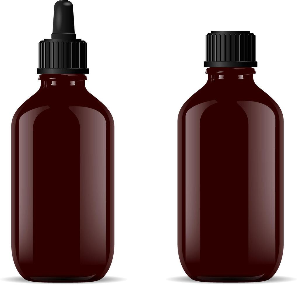 Black vial with dropper cap for medical or cosmetic products. Glossy glass or plastic bottle mockup. 3d design. vector