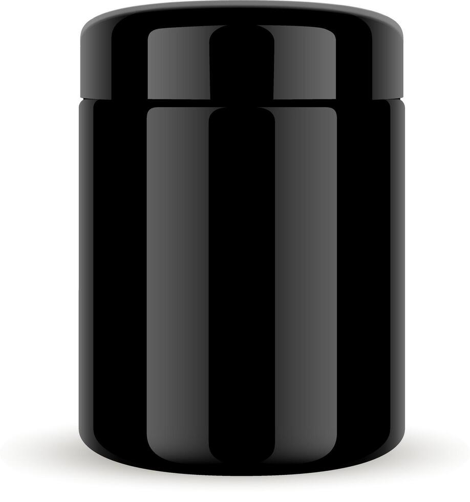Black Glass Jar. Cosmetic Container with Glossy Lid for Premium Beauty Supplement. 3d Package for Serum, Facial Cream, Butter, Scrub or Treatment. Isolated Round Canister Mockup. vector