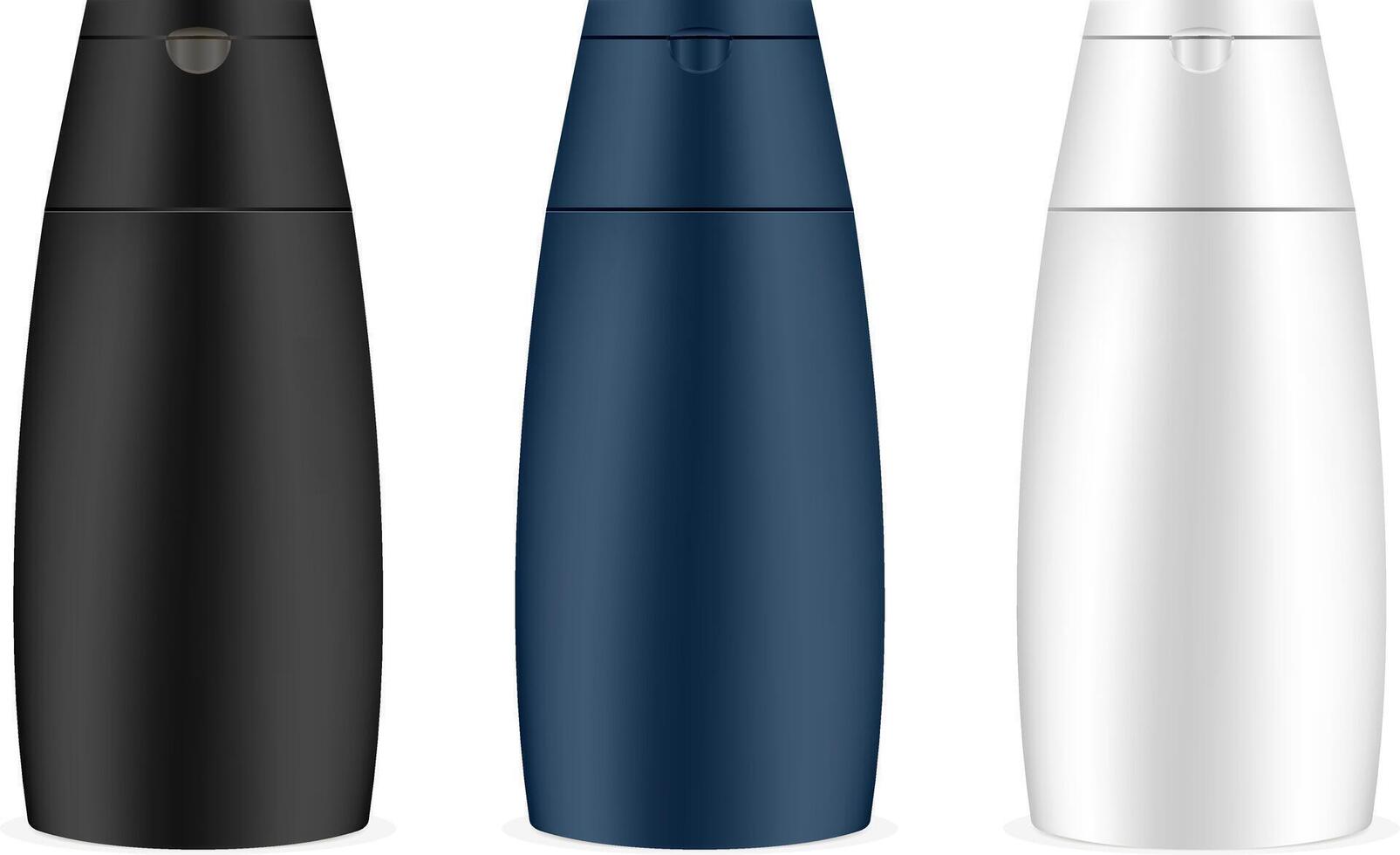 Oval Shampoo Bottles Mockup Pack. Set of Black, White and Blue Containers for Cosmetic Produscts such Liquid Soap, Shower Gel, Body Wash, Skin Cream. Isolated 3d Realistic Jars. vector