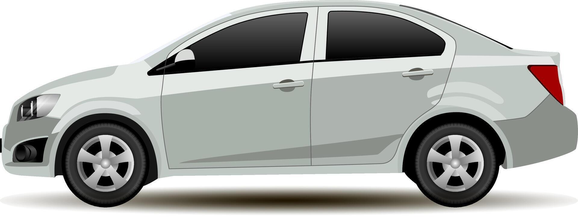 Silver Car Sedan Side View. Vehicle Flat Isolated Illustration. Realistic Mockup of Contemporary Shape Commercial Auto. Modern Style Automotive Art Model. Template for Business Commercial. vector