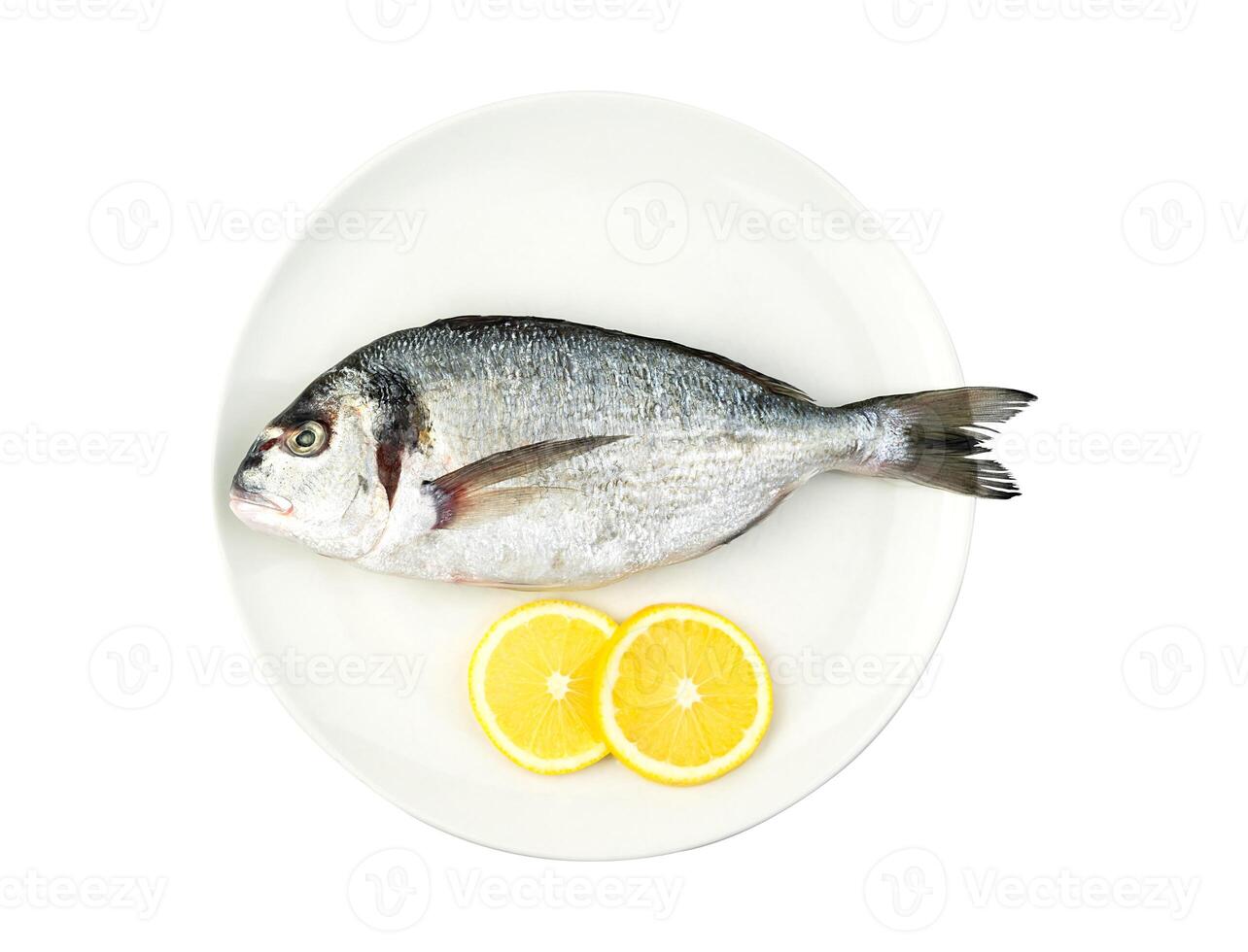 Fresh fish Dorado with lemon on the white plate isolated on white background. Top view. photo