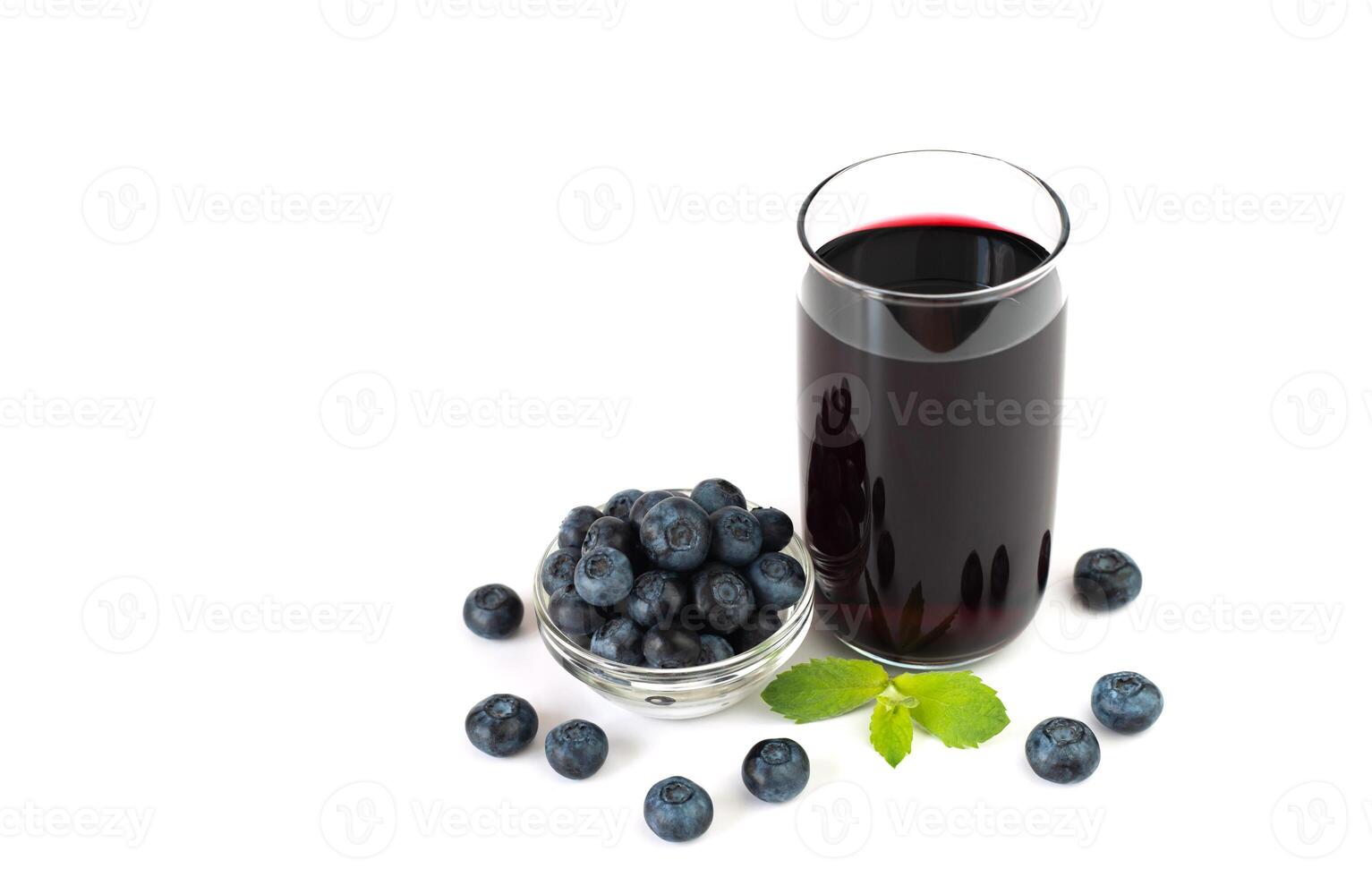Fresh blueberry juice on a white background. Close-up. Copy space. photo