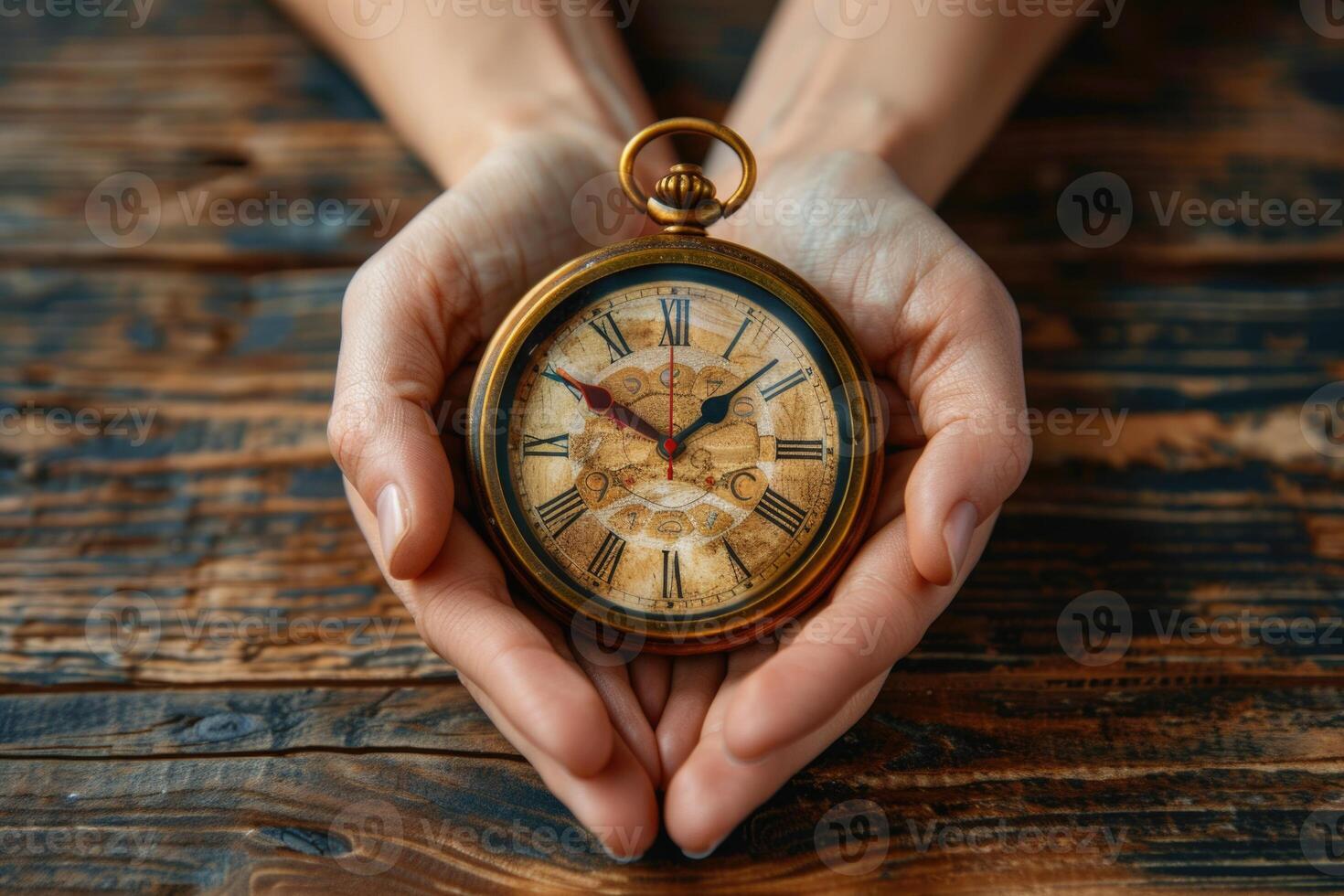 hands holding clock. photo
