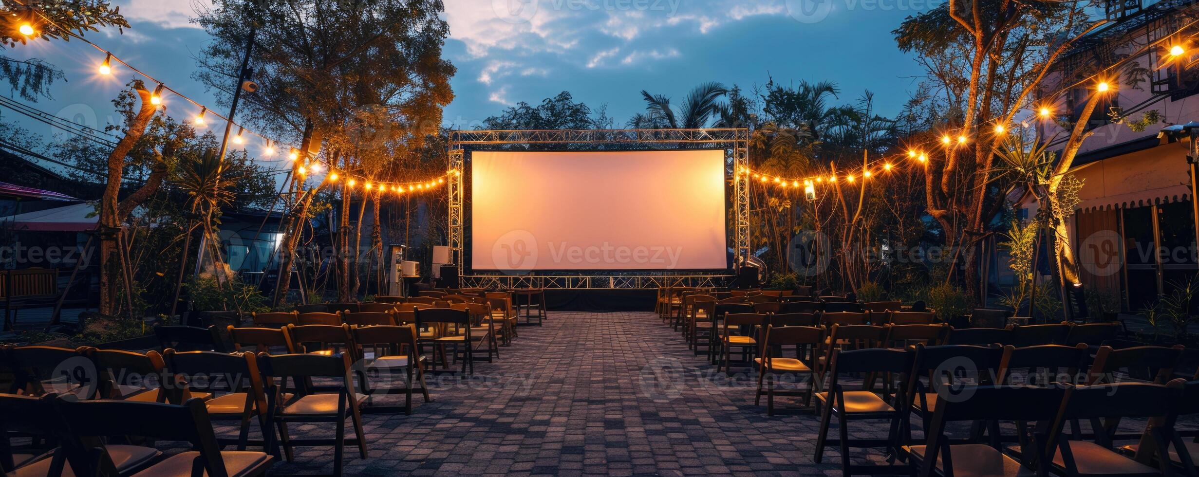 blank white screen outdoors in green grass park. outdoor cinema, big screen show. photo