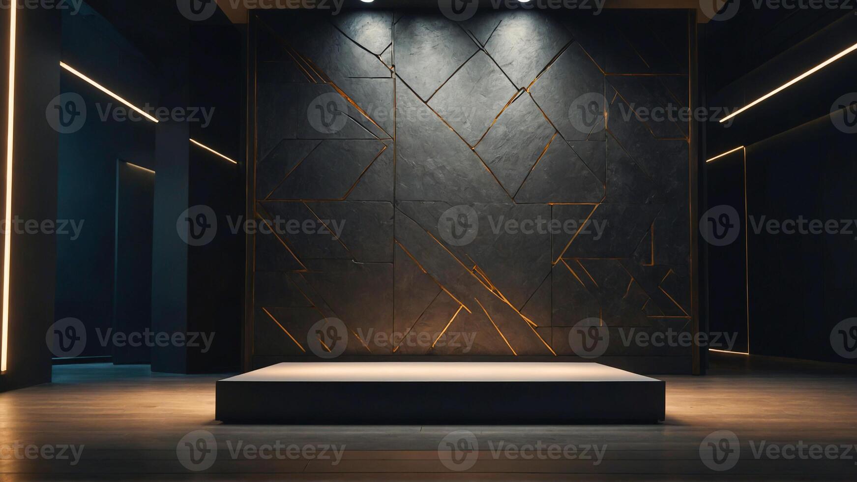 Elegant product podium in a dark room with an abstract backdrop. A luxurious and futuristic empty black stage suitable for a product stand or podium pedestal. Interior design. AI-Generative photo