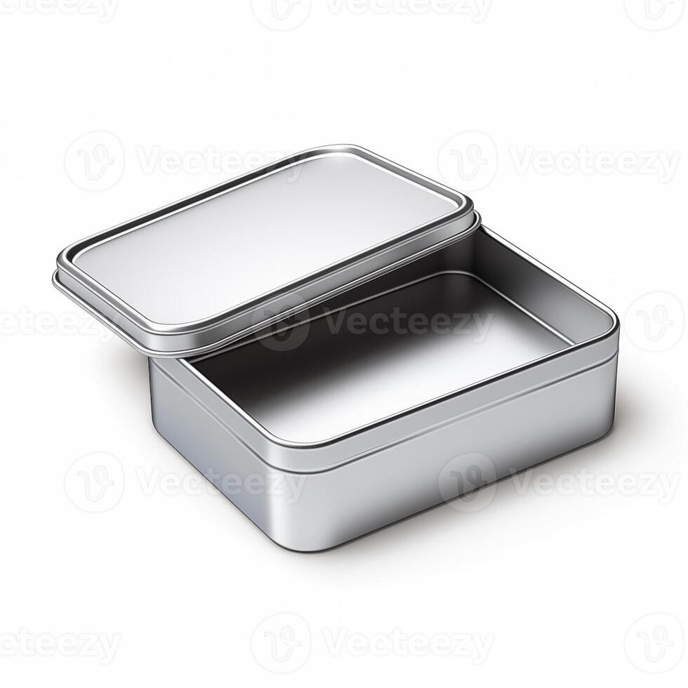 Rectangular tin box with an open lid. Metal box for various purposes. Isolate on a white back photo