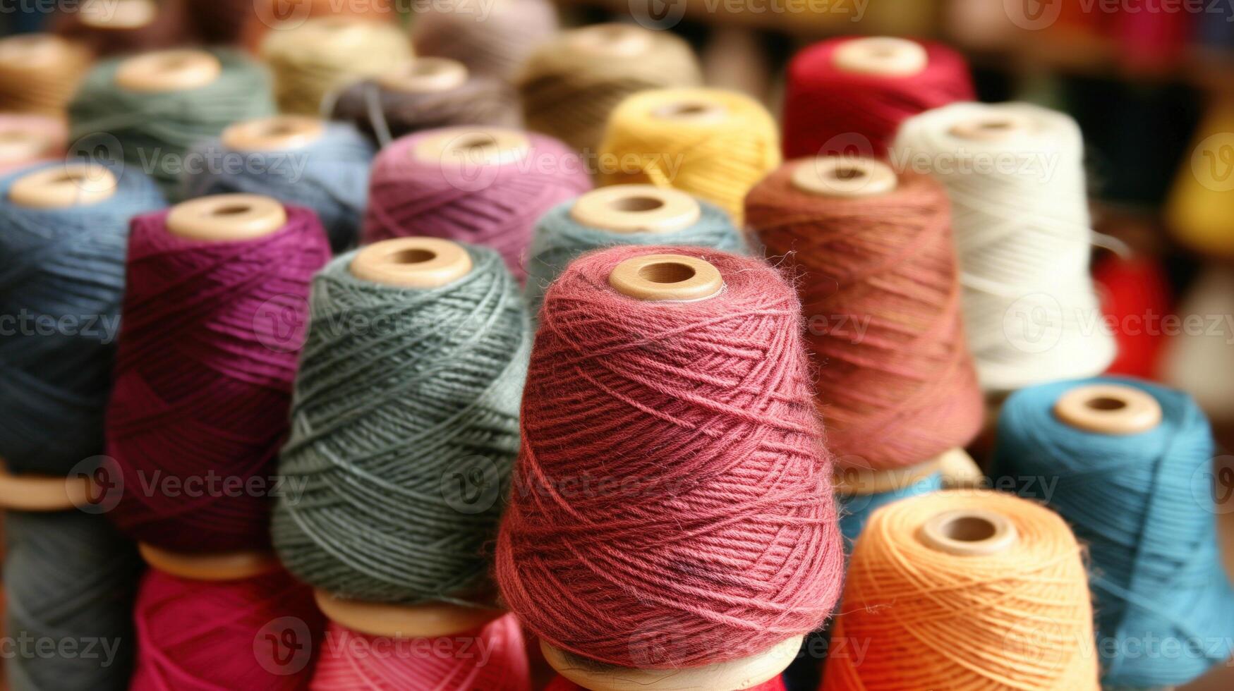Multicolored yarn spools used in textile industry. Set of colored threads for sewing on coils. Pile of big colorful spools of thread. Colored thread spools of thread large class, textiles, back photo