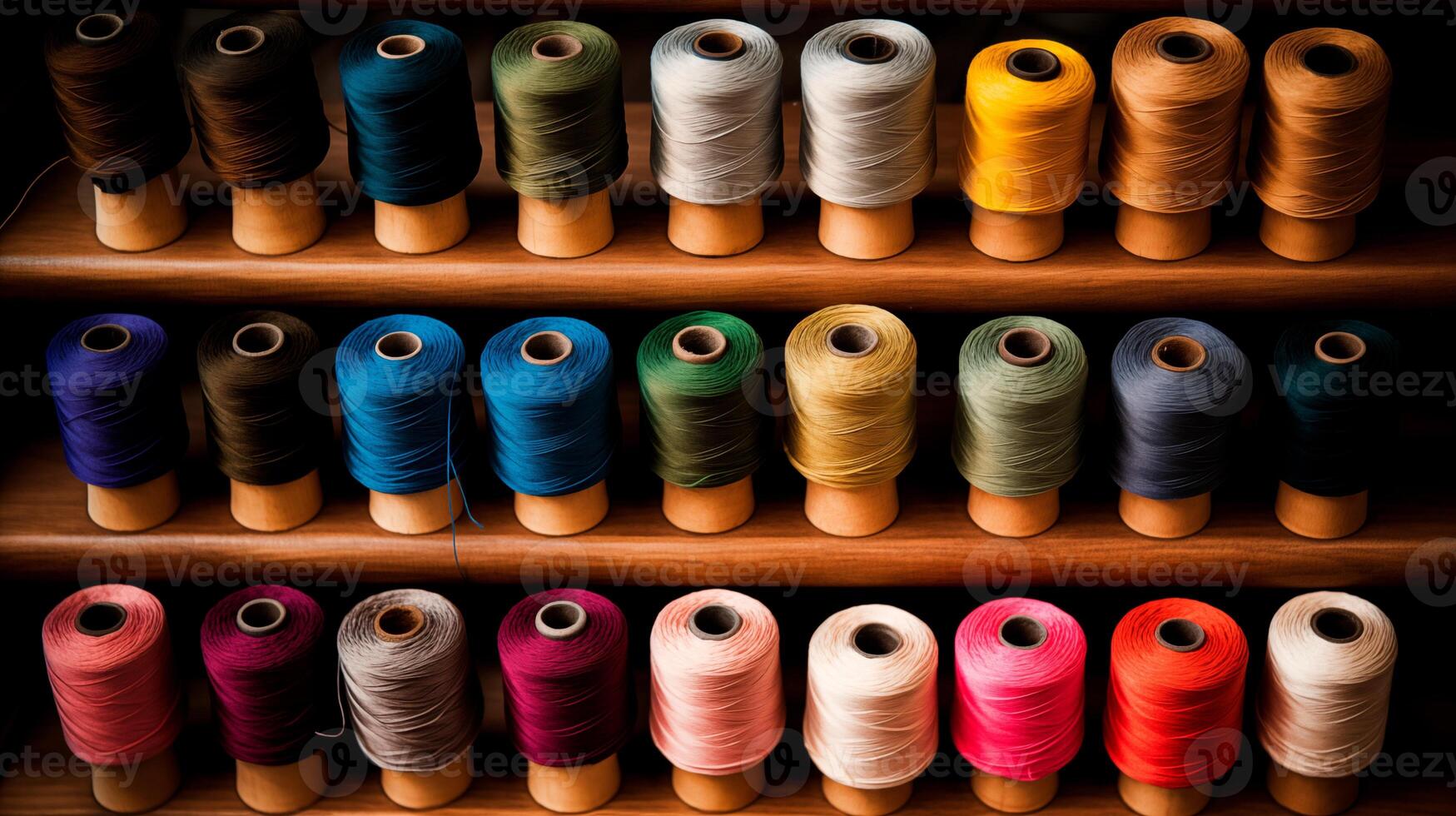 Multicolored yarn spools used in textile industry. Set of colored threads for sewing on coils. Pile of big colorful spools of thread. Colored thread spools of thread large class, textiles, background. photo