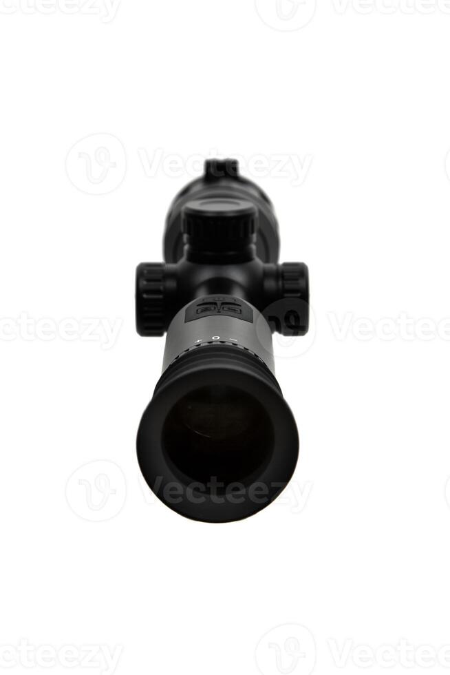 Modern sniper scope on a white background. Optical device for aiming and shooting at long distances. Sight with built-in thermal imager. Isolate on a white back photo