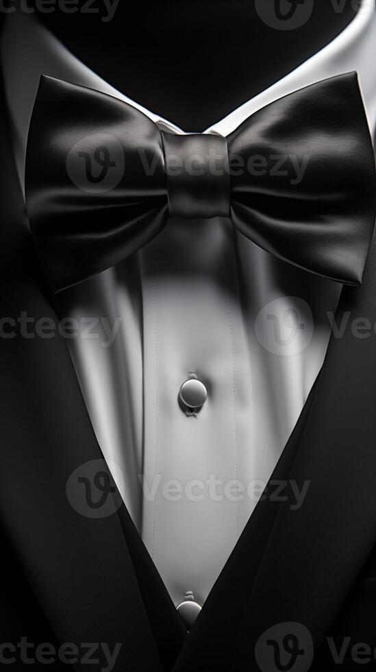 Photorealistic Mens Elegant Tuxedo Suit with Bow Tie. Illustration of Realistic Black Suit. Elegant back. photo