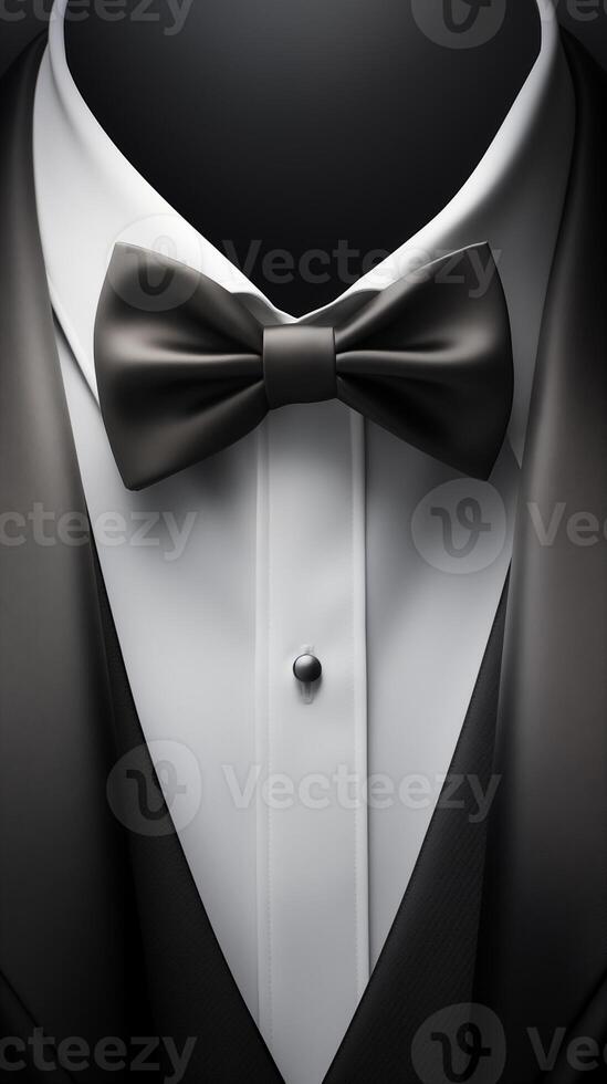 Photorealistic Mens Elegant Tuxedo Suit with Bow Tie. Illustration of Realistic Black Suit. Elegant back. photo