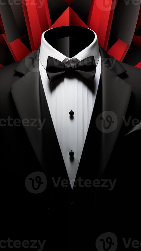 Photorealistic Mens Elegant Tuxedo Suit with Bow Tie. Illustration of Realistic Black Suit. Elegant back. photo