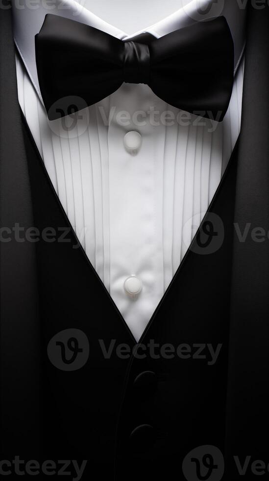 Photorealistic Mens Elegant Tuxedo Suit with Bow Tie. Illustration of Realistic Black Suit. Elegant back. photo