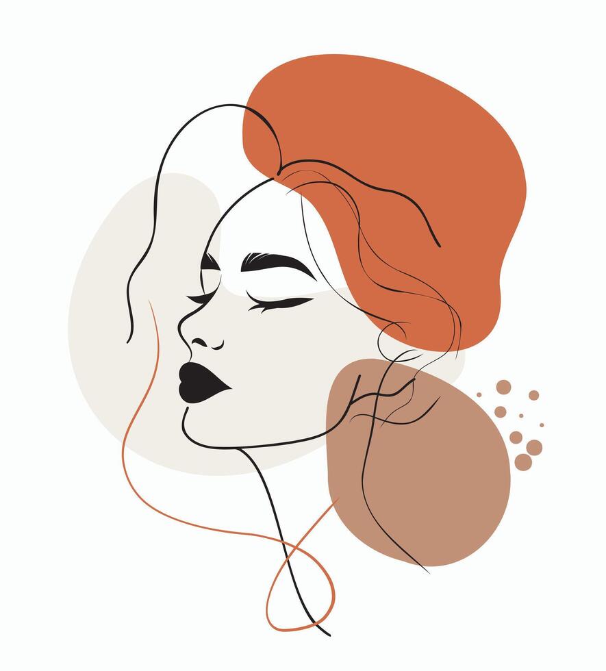 portrait in profile with geometric shapes Memphis style in a modern minimalist style. A woman's face in one line. illustration in beige bed colors for printing vector