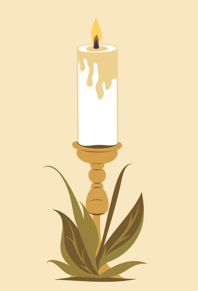 Decorative candle for home. Candle in a candlestick. Candle art surrounded by greenery plant leaves. An old historical candle as a gift. icon logo vector