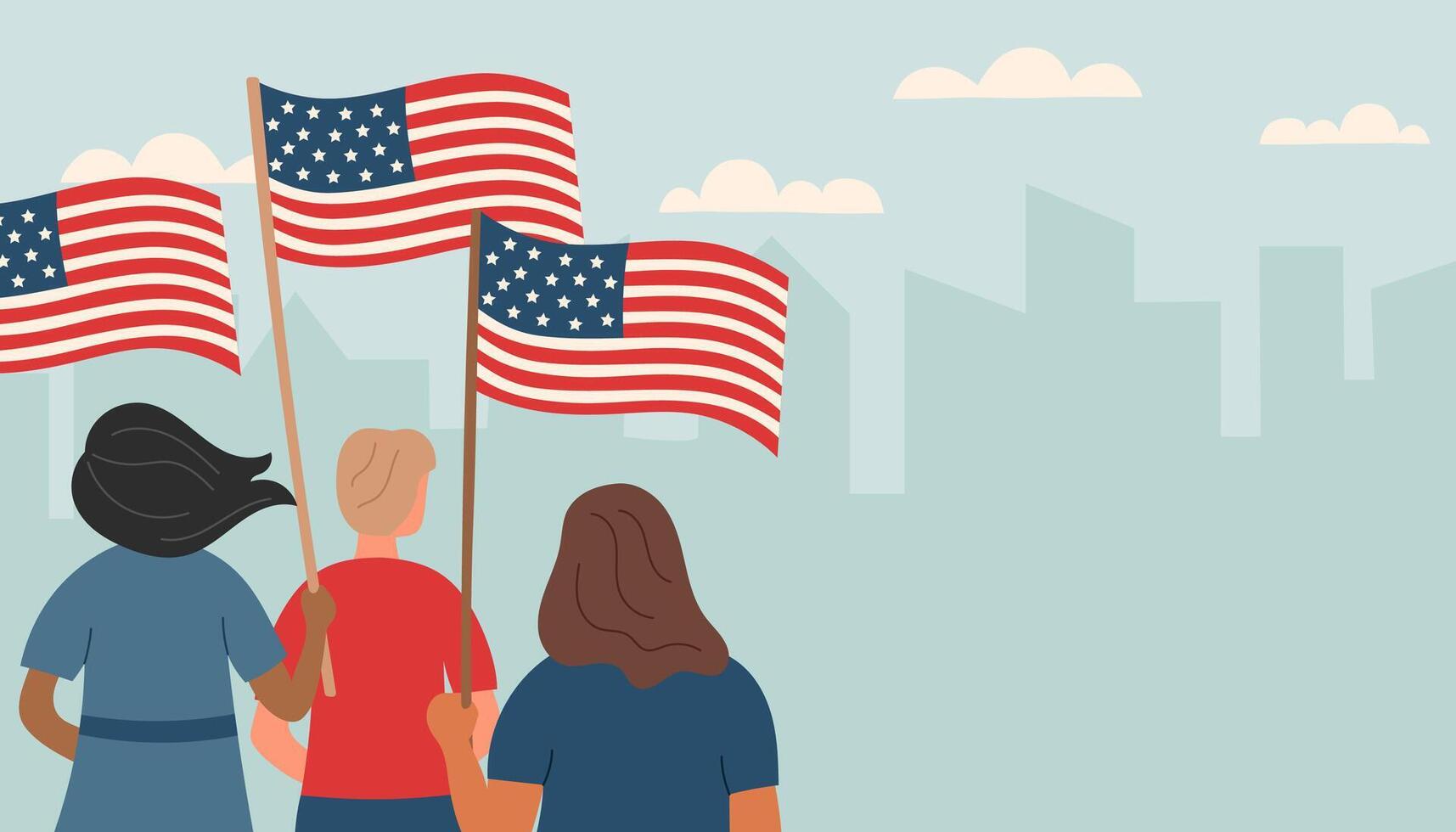 Memorial day and Independence day concept. Demonstration concept. People with american flags turned back. Hand drawn flat illustration. vector