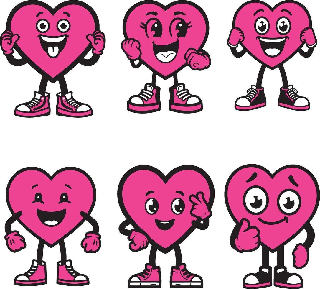 Cartoon heart characters illustration set. Cute love symbols with faces different poses hands and feet in shoes. Playful cheeky happy hearts characters. Love concept in pink magenta color. vector