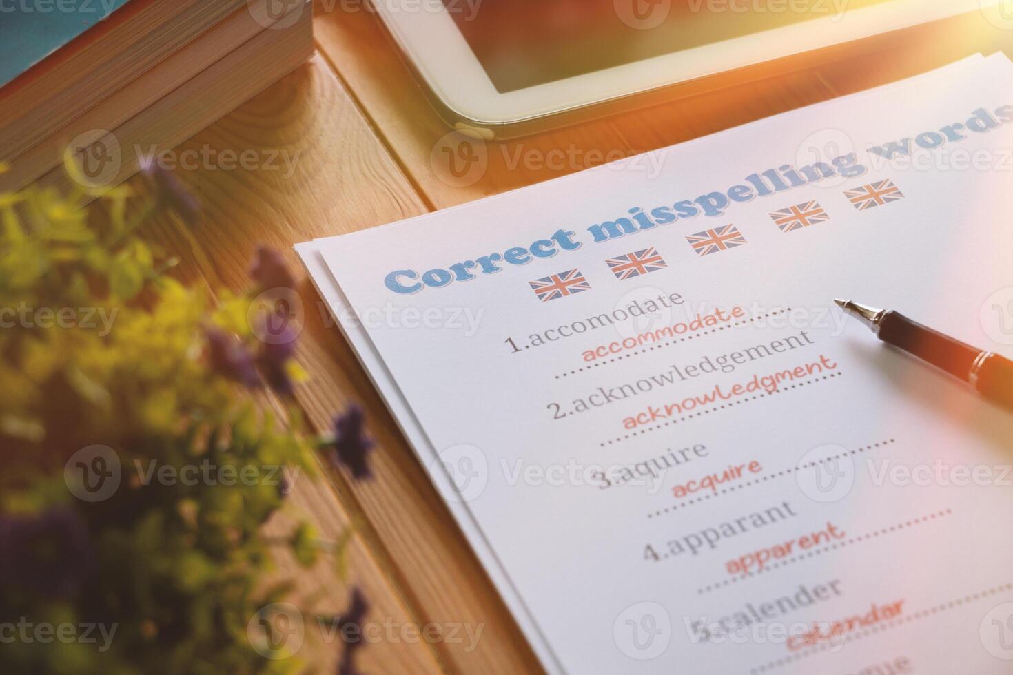 English misspelling worksheet with pen and tablet photo