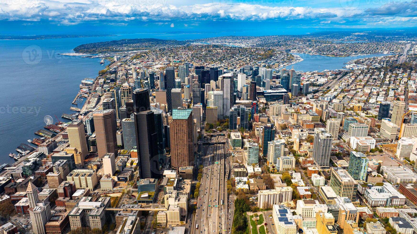 Washington state location downtown drone flying. American city Seattle aerial view. photo