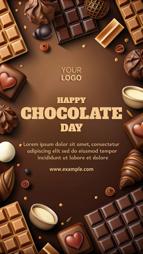 A chocolate themed poster with a variety of chocolate treats and a happy message psd