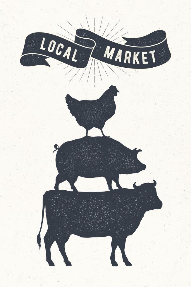 Poster for local market. Cow, pig, hen stand on each other vector