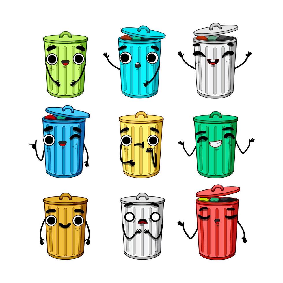 trash bin character set cartoon illustration vector