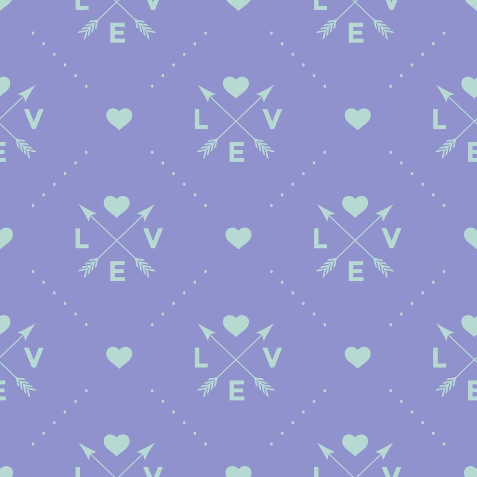 Seamless turquoise pattern with arrow, heart and word Love on a violet background. illustration. vector