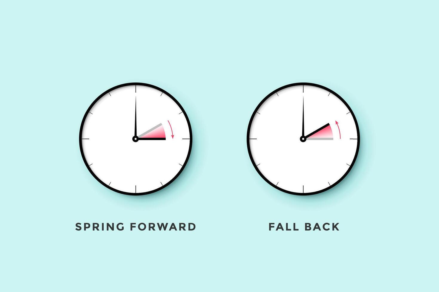 Daylight saving time. Set of clock time for Spring forward, Autumn back, Summer time vector