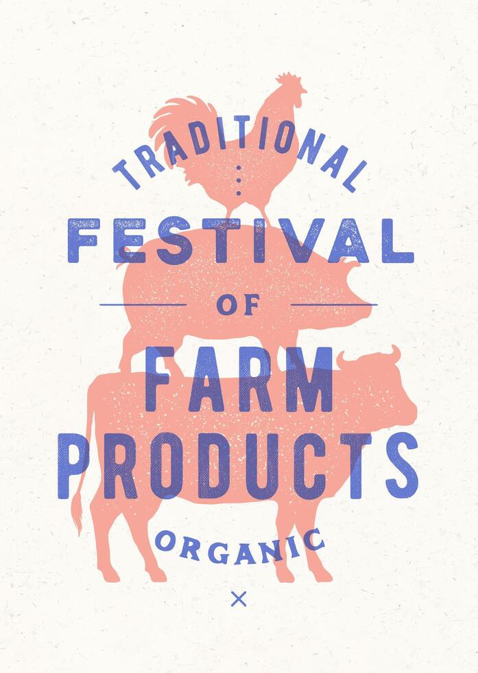 Poster for farm fest. Cow, pig, rooster stand on each other vector