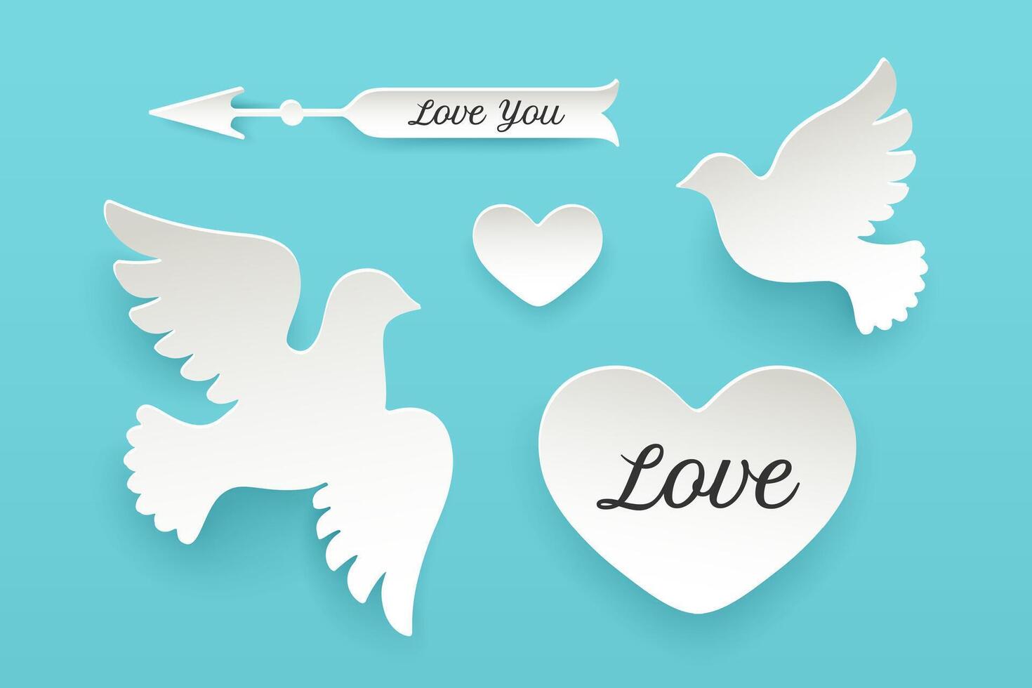 Set of paper objects, heart, pigeon, bird, arrow vector