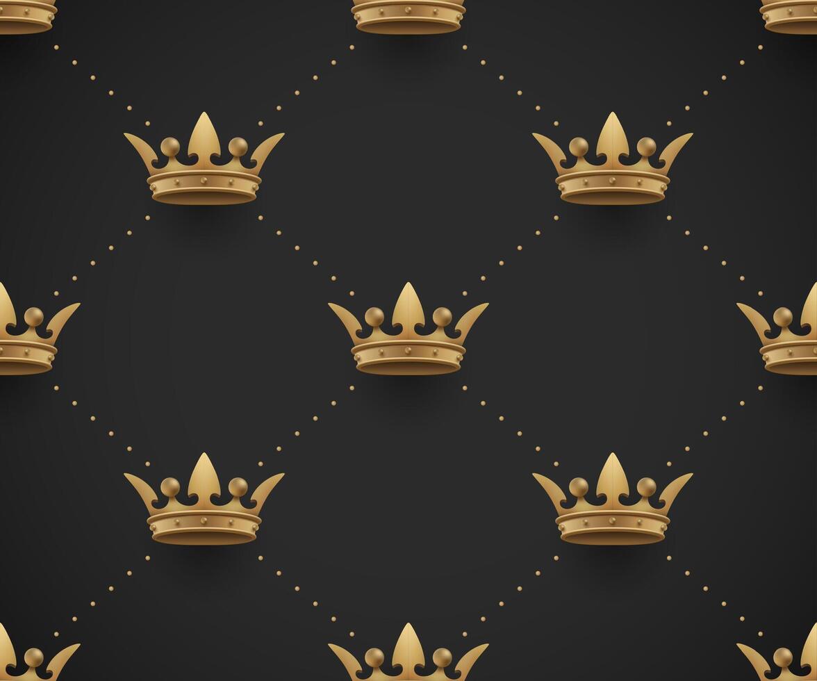 Seamless gold pattern with king crowns on a dark black background. Illustration. vector