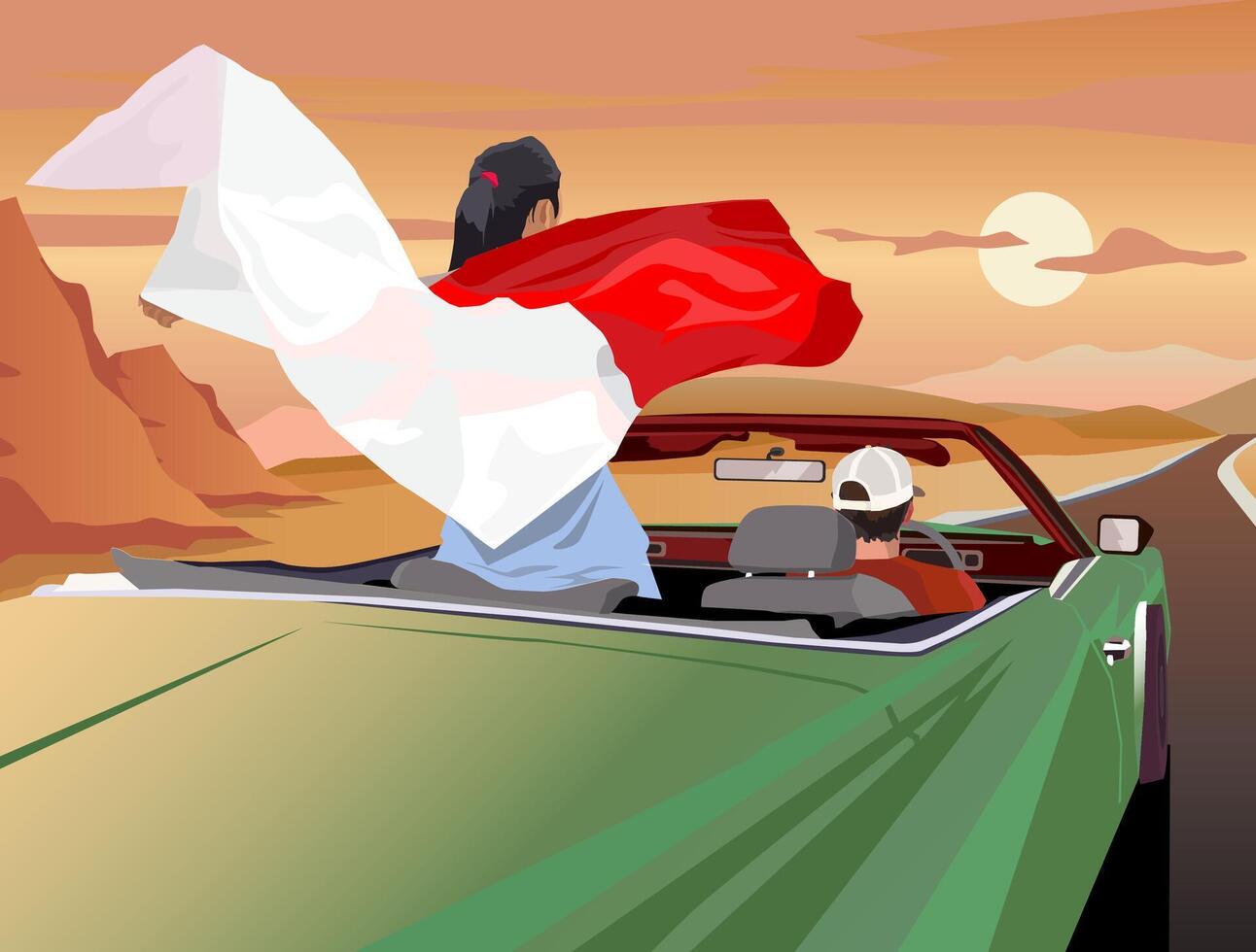 couple young people are driving a car open roof standing and raising her hands while unfurling red and white flag celebrating Indonesia independence day with beautiful view in sunset vector
