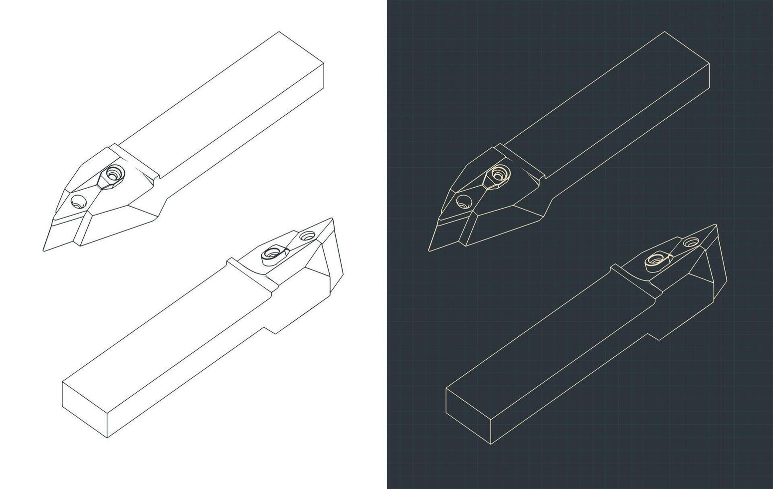 Inclined tool for CNC lathe isometric blueprints vector
