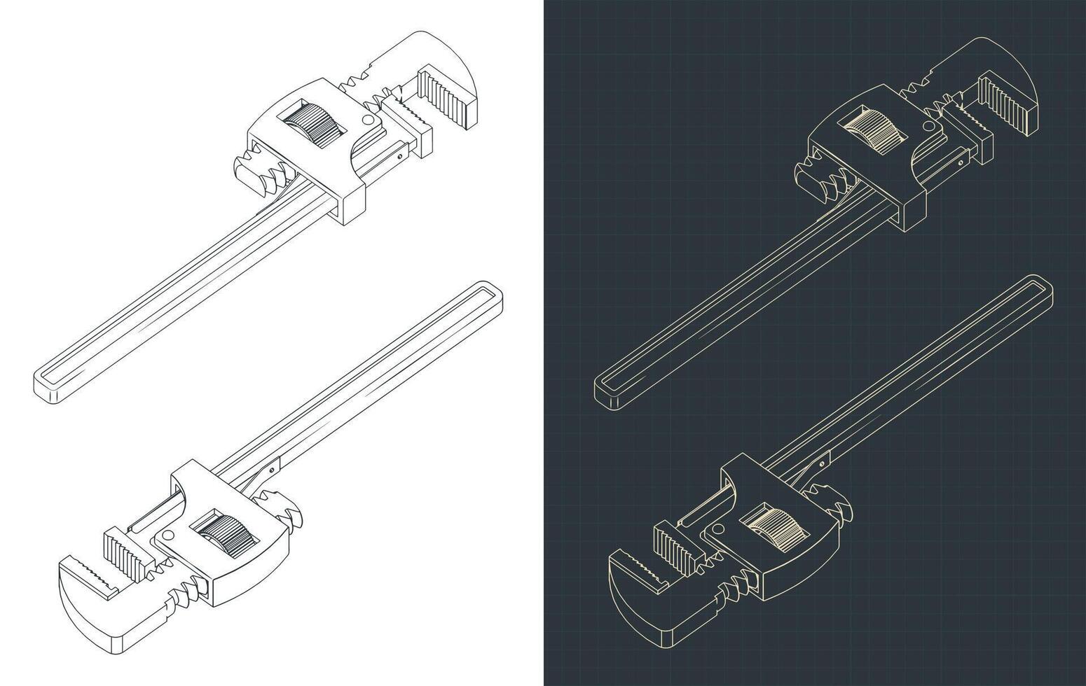 Pipe wrench isometric blueprints vector