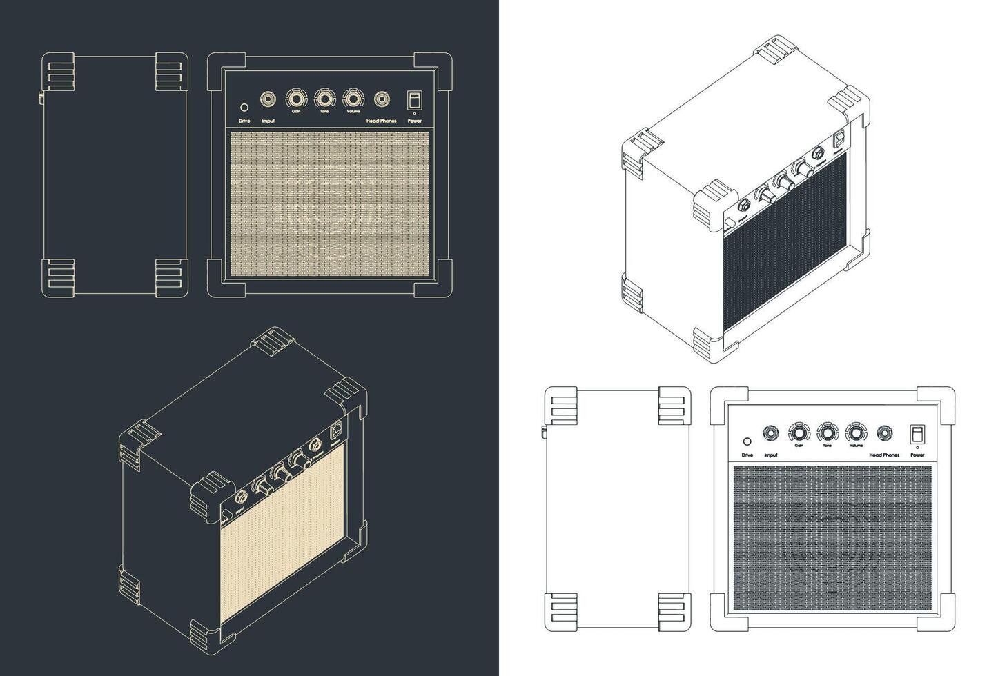 Guitar combo amplifier drawings vector
