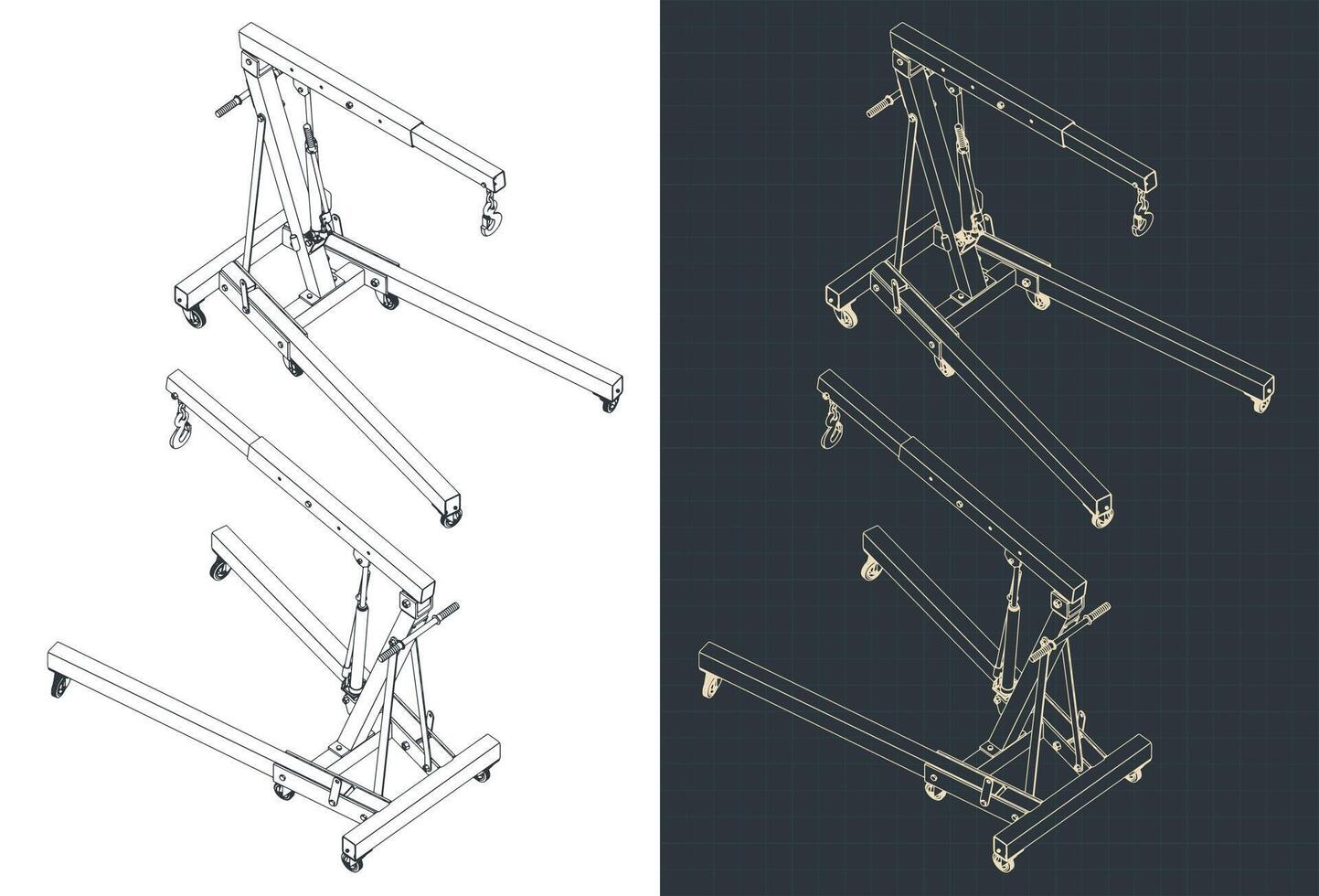 Folding engine crane isometric blueprints vector