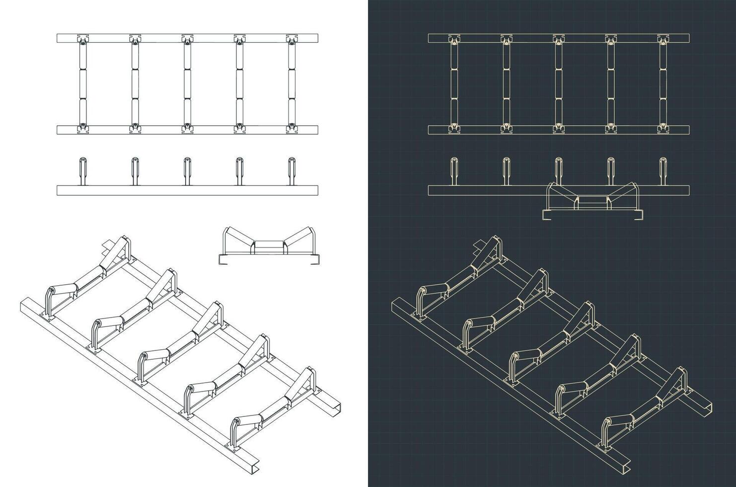 Conveyor roller frames mechanism blueprints vector