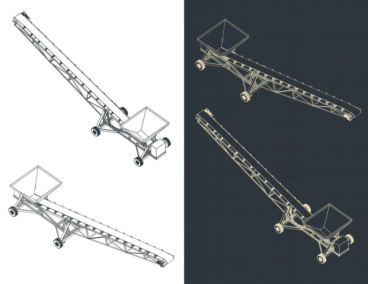 Mobile conveyor isometric blueprints vector