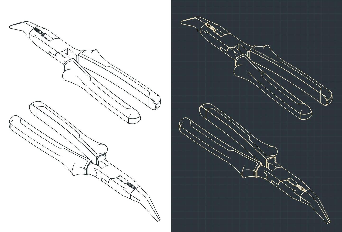 Bent long nose pliers isometric blueprints vector