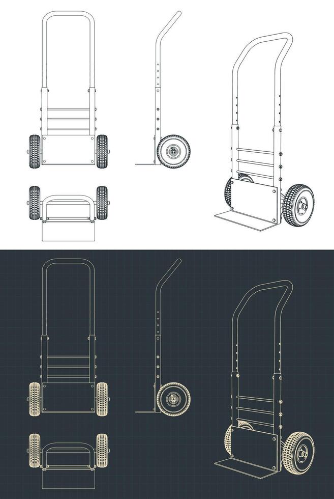 Hand trolley with rubber wheels blueprints vector