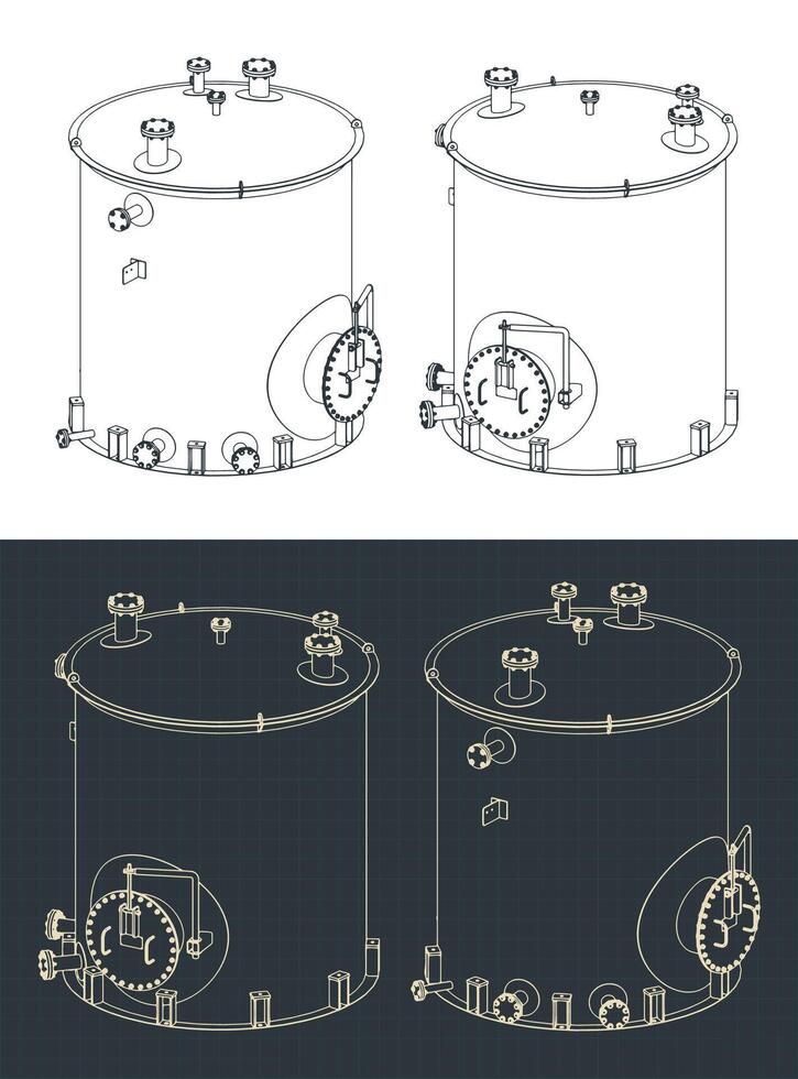 Large industrial tank isometric blueprints vector