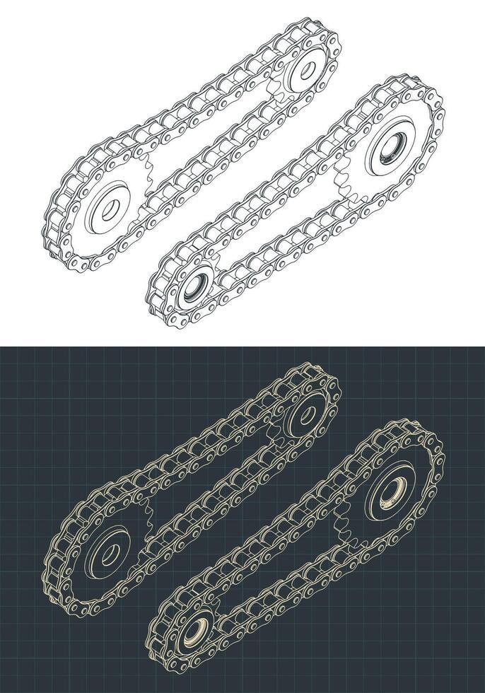 Chain transmission isometric blueprints vector