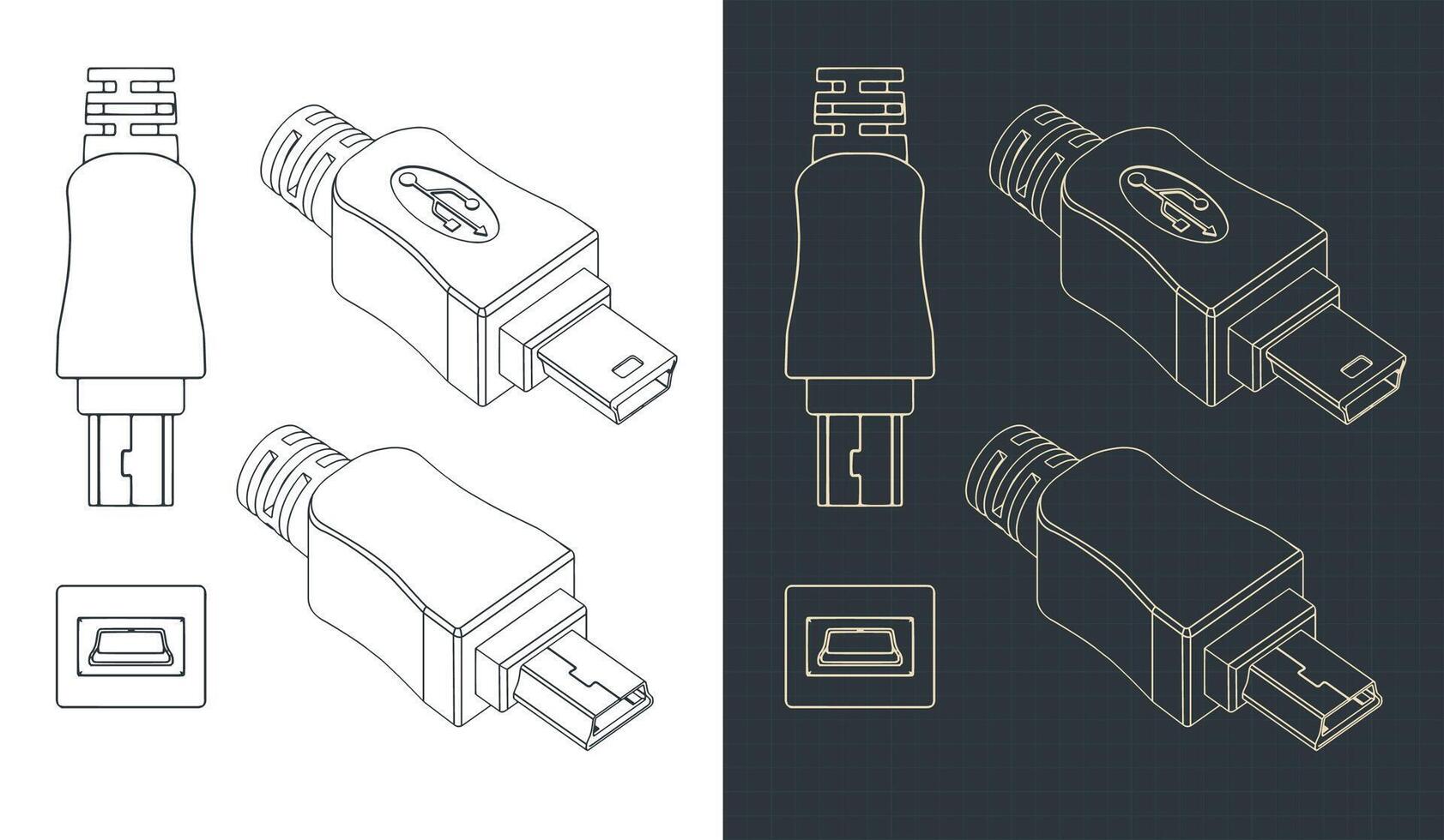 USB mini male plug blueprints vector