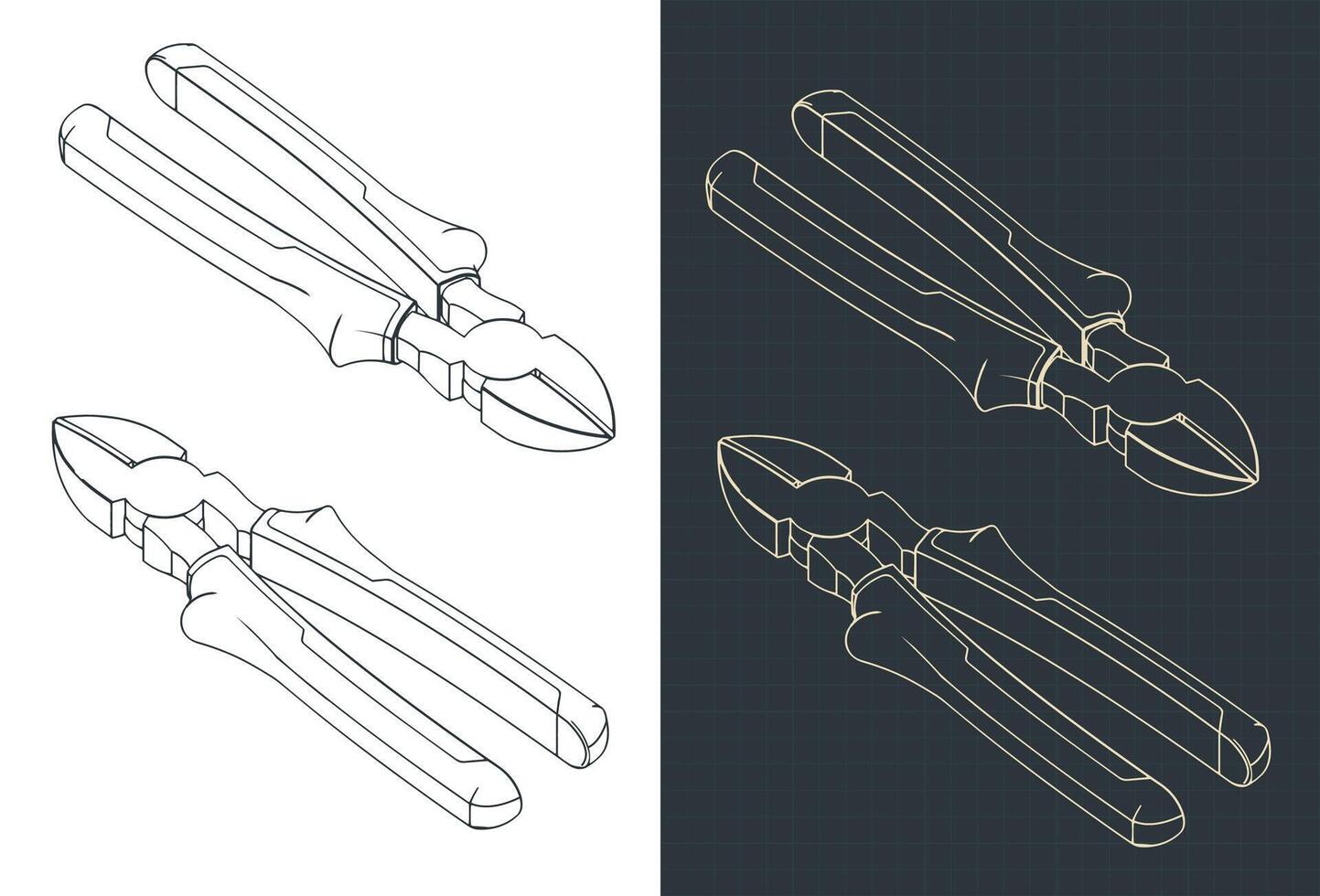 Diagonal pliers isometric blueprints vector