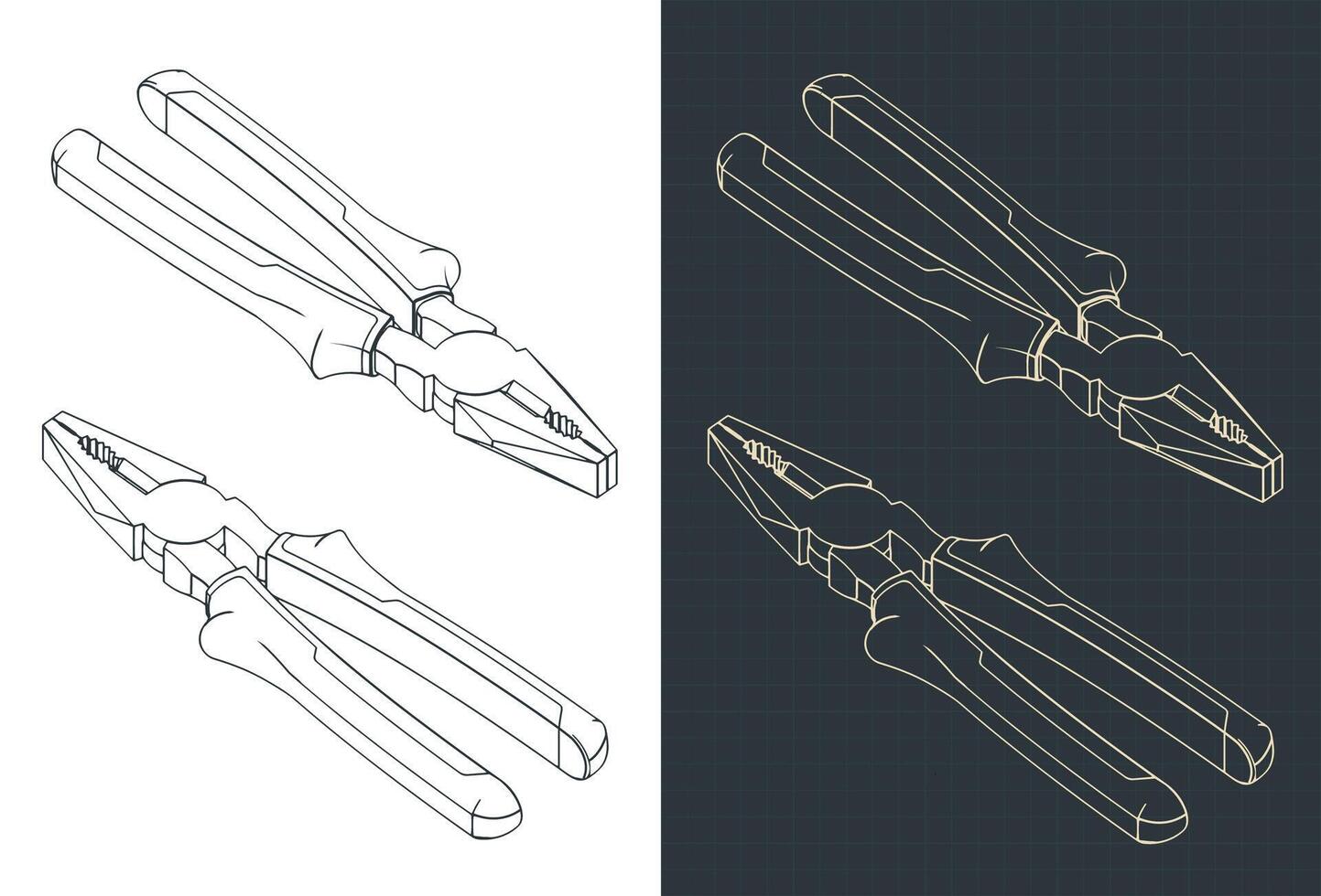 Combination pliers isometric blueprints vector