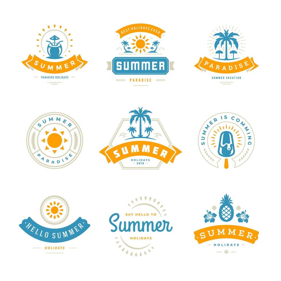 Summer holidays labels and badges retro typography design set. vector