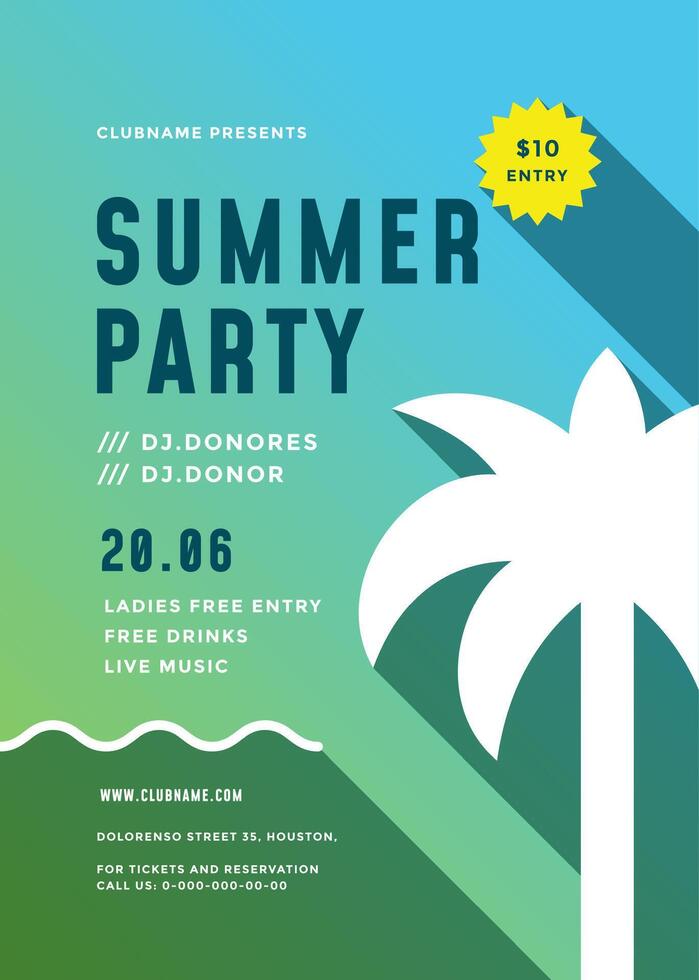 Summer beach party flyer or poster template modern typography style design. vector