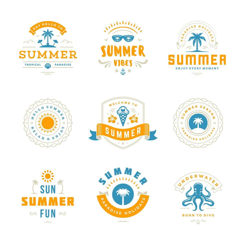 Summer holidays labels and badges retro typography design set. vector